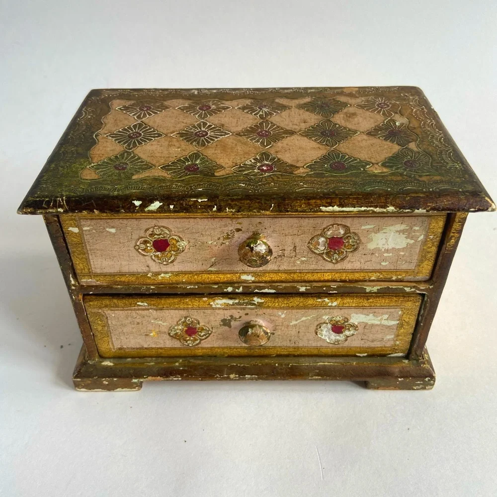 Vintage Florentine Italy 2 Drawer Cabinet Trinket Jewelry Box Handpainted Wooden - Picture 6 of 9